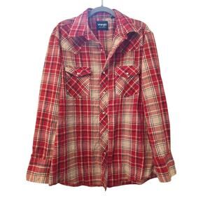 Wrangler Western Shirt Mens Medium Red Plaid Pearl Snap Cowboy 15.5x34